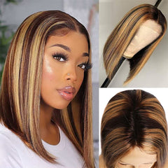 Short Highlight Bob Wig Human Hair Lace Wigs Natural Hairline