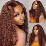 #33 Reddish Brown Deep Wave Curly Glueless Human Hair Wigs For Women