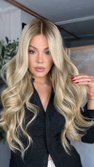 Mebary Ashy Blonde Wigs with Dark Roots Human Hair Wigs for Caucasian