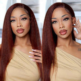 Glueless Reddish Brown Colored Yaki Straight Human Hair Wigs