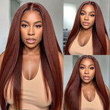 Glueless Reddish Brown Colored Yaki Straight Human Hair Wigs