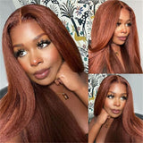 Glueless Reddish Brown Colored Yaki Straight Human Hair Wigs