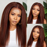 Glueless Reddish Brown Colored Yaki Straight Human Hair Wigs