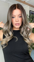 Mebary Cool Gray Brown Highlights Wavy Wigs Human Hair for Caucasian