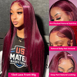 Burgundy Straight Human Hair Wigs Wine Red Colored Lace Wig