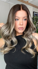 Mebary Cool Gray Brown Highlights Wavy Wigs Human Hair for Caucasian