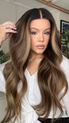 Mebary Brown Highlights Wavy Wigs 100% Human Hair Wigs for Caucasian