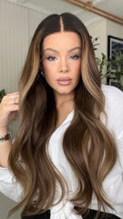 Mebary Brown Highlights Wavy Wigs 100% Human Hair Wigs for Caucasian