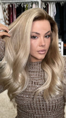 Mebary Honey Blonde Wavy Wigs with Brown Roots Human Hair for Caucasian