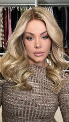 Mebary Ashy Brown Blonde Wavy Wigs 100% Human Hair for Caucasian 180% Density