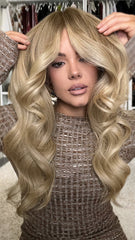 Mebary Voluminous Honey Blonde Curls with Curtain Bangs Human Hair Wigs for Caucasian