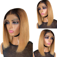 Short Ombre Honey Brown Blonde 1B/27 Bob Human Wig With Baby Hair