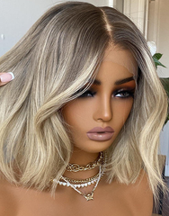 Mebary Ash Root Ombre Blonde Short Bob Wig Human Hair Wig For Caucasian