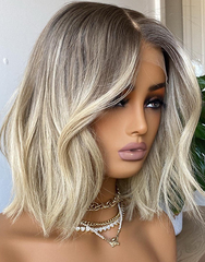 Mebary Ash Root Ombre Blonde Short Bob Wig Human Hair Wig For Caucasian