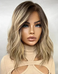 Mebary Ombre Blonde With Brown Root Short Wavy Bob Wig For Caucasian
