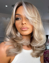 Mebary Curtain Bangs Highlight Blonde Wavy Bob Wig With Dark Roots Glueless Wig For Caucasian