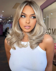 Mebary Curtain Bangs Highlight Blonde Wavy Bob Wig With Dark Roots Glueless Wig For Caucasian