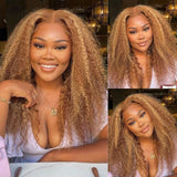 Honey Blonde Highlight Wigs Ombre Color Curly Human Hair Wigs