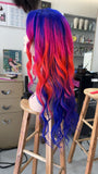 MEBARY mix of royal blue, hot pink, and bright red 200% Density Straight Lace Front Wig