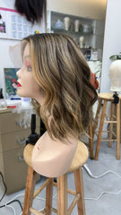 MEBARY Short Ash Brown Wavy Human Hair Wig for White Women