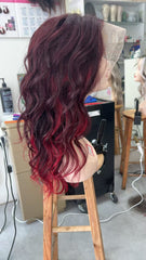 MEBARY Ombre Burgundy Red Long Wavy Human Hair Wig for White Women
