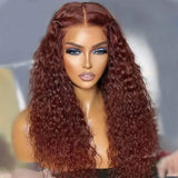 Water Wave Human Hair Wigs Brunette Auburn Copper Color