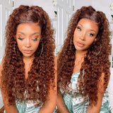 Water Wave Human Hair Wigs Brunette Auburn Copper Color