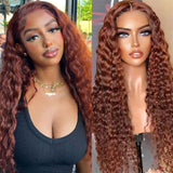 Water Wave Human Hair Wigs Brunette Auburn Copper Color