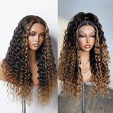 Brown Ombre Highlights Money Piece Water Wave Human Hair Wig