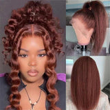 Reddish Brown #33 Yaki Kinky Straight Human Hair Wig for Women