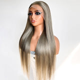 Brown Gray Wig  Bone Straight Human Hair HD Lace Frontal Wigs