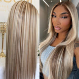 Ash Blonde Balayage Wigs HD Transparent Lace Straight Human Hair Wig