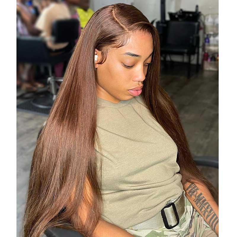 #4 Chocolate Brown Wig Straight Lace Front Wigs 100% Human Hair