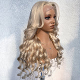 Ash Blonde Layered & Curtain Bangs  Wigs HD Lace Frontal Human Hair Wigs Body Wave