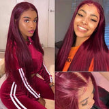 99J Burgundy Glueless Lace Wig  Wine Red Silky Straight Human Hair Wigs
