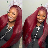 99J Wig Silky Straight Burgundy Transparent HD Lace Front Human Hair Wigs
