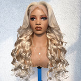 Ash Blonde Layered & Curtain Bangs  Wigs HD Lace Frontal Human Hair Wigs Body Wave