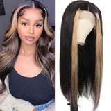 Black Wig With #27 Honey Blonde Streaks In Front 100% Human Hair Wigs