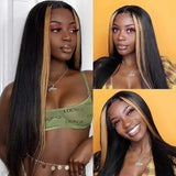 Black Wig With #27 Honey Blonde Streaks In Front 100% Human Hair Wigs