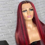 Black With Red Highlights Lace Front Wig 100% Human Hair Wigs