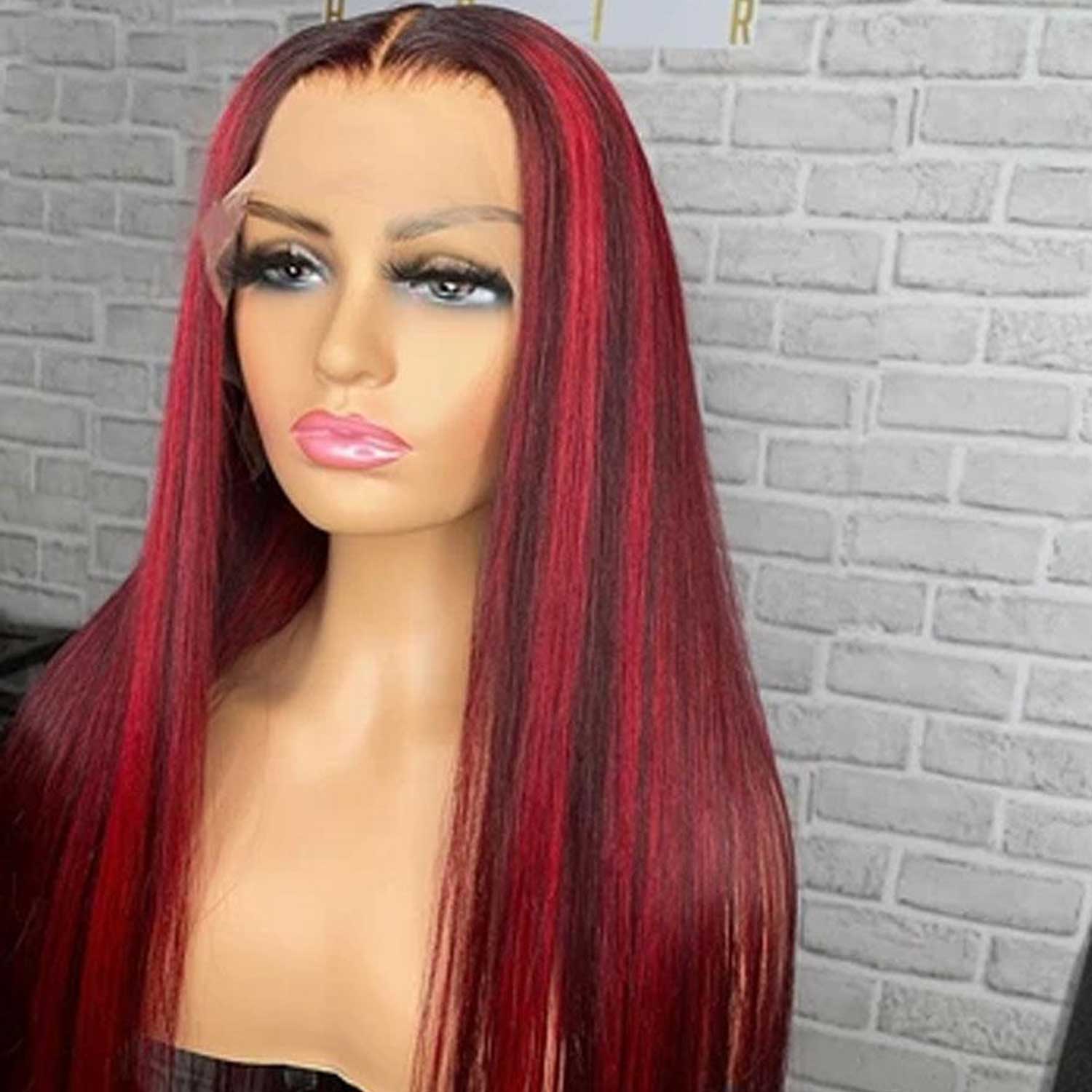 Black With Red Highlights Lace Front Wig 100% Human Hair Wigs