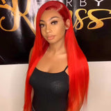 Bright Red Human Hair Wig Long Colored Lace Front Wig