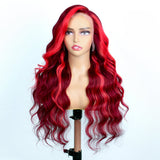 Burgundy With Red Highlights Wig Body Wave Lace Frontal Wigs Human Hair