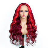 Burgundy With Red Highlights Wig Body Wave Lace Frontal Wigs Human Hair