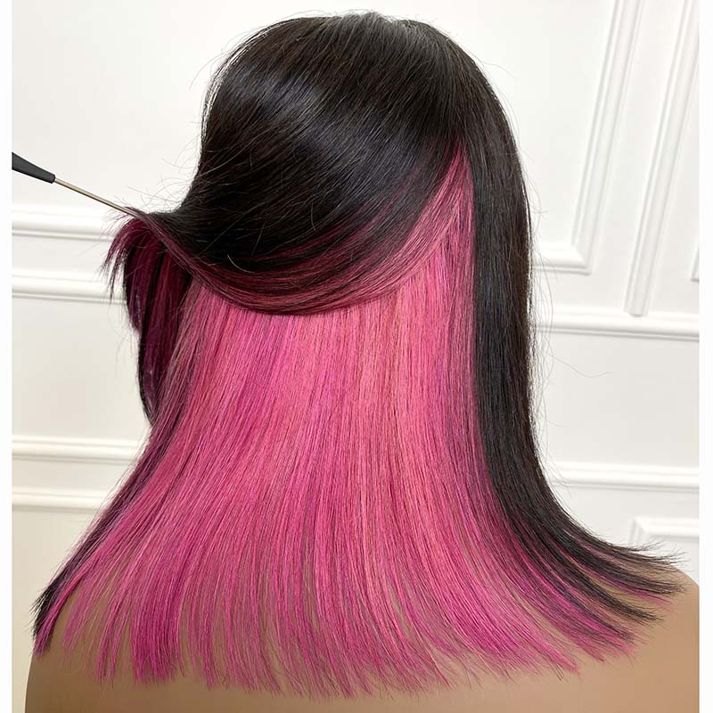 Peekboo Pink Highlight Bob Wig Hidden Color Short Lace Front  Human Hair Wig