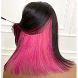 Peekboo Pink Highlight Bob Wig Hidden Color Short Lace Front  Human Hair Wig