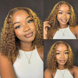 P4/27 Brown Blonde Highlight Bob Wigs Deep Curly Wave Short Transparent Lace Wigs 100% Human Hair