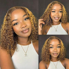 P4/27 Brown Blonde Highlight Bob Wigs Deep Curly Wave Short Transparent Lace Wigs 100% Human Hair