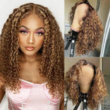 P4/27 Brown Blonde Highlight Bob Wigs Deep Curly Wave Short Transparent Lace Wigs 100% Human Hair