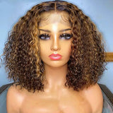 P4/27 Brown Blonde Highlight Bob Wigs Deep Curly Wave Short Transparent Lace Wigs 100% Human Hair